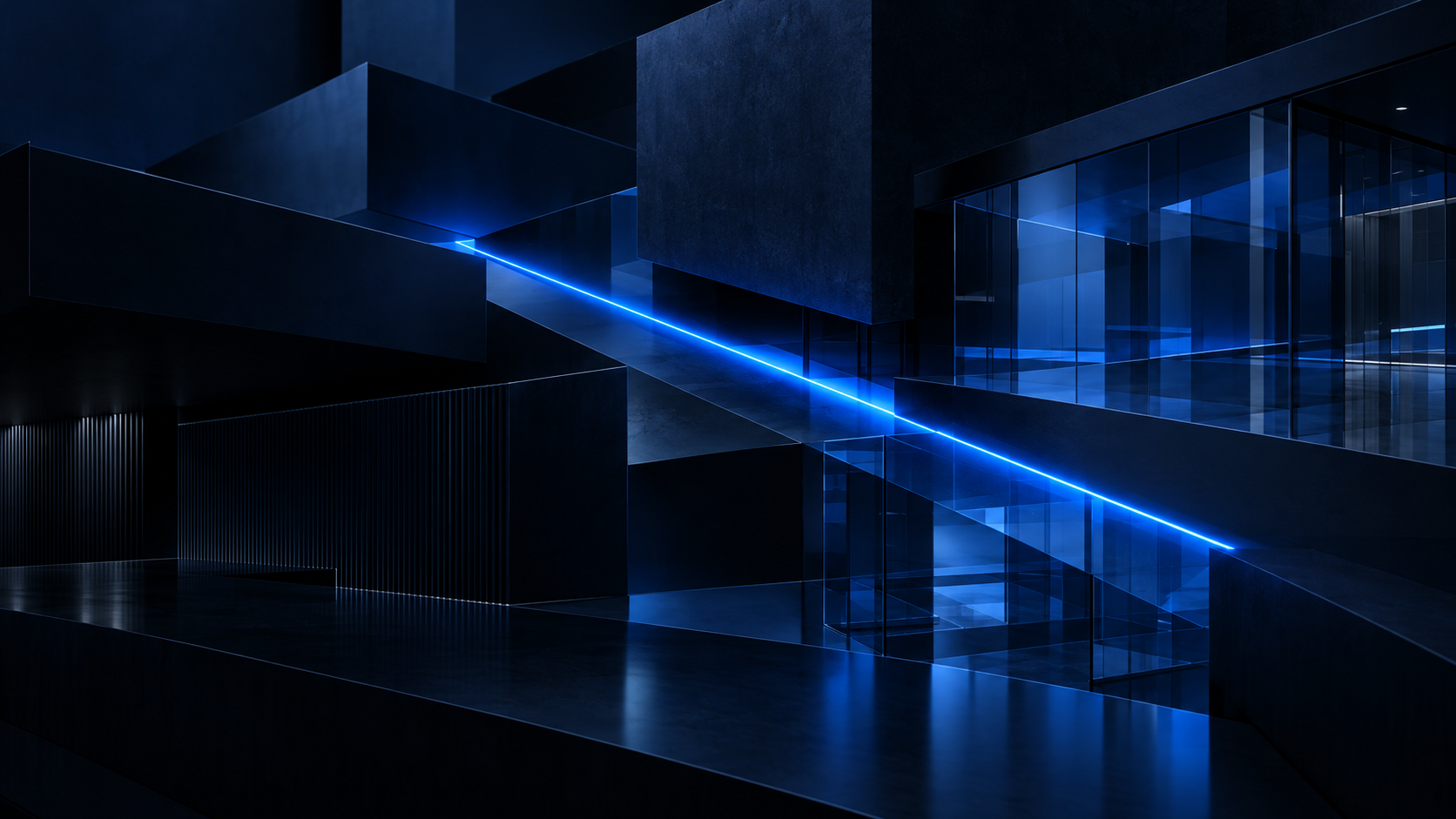Layered dark geometric architecture with a single electric-blue light seam, representing structured, defensible security